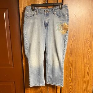 Floral Embroidered Light Blue Jean Capris
